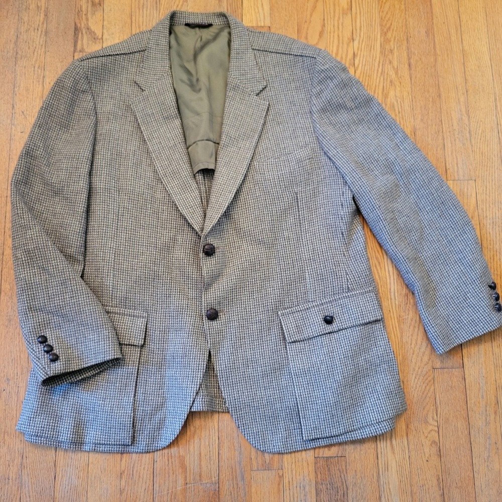 Kingsbridge 50 Blazer Brown Wool Houndstooth Leather Buttons Sport Coat Jacket